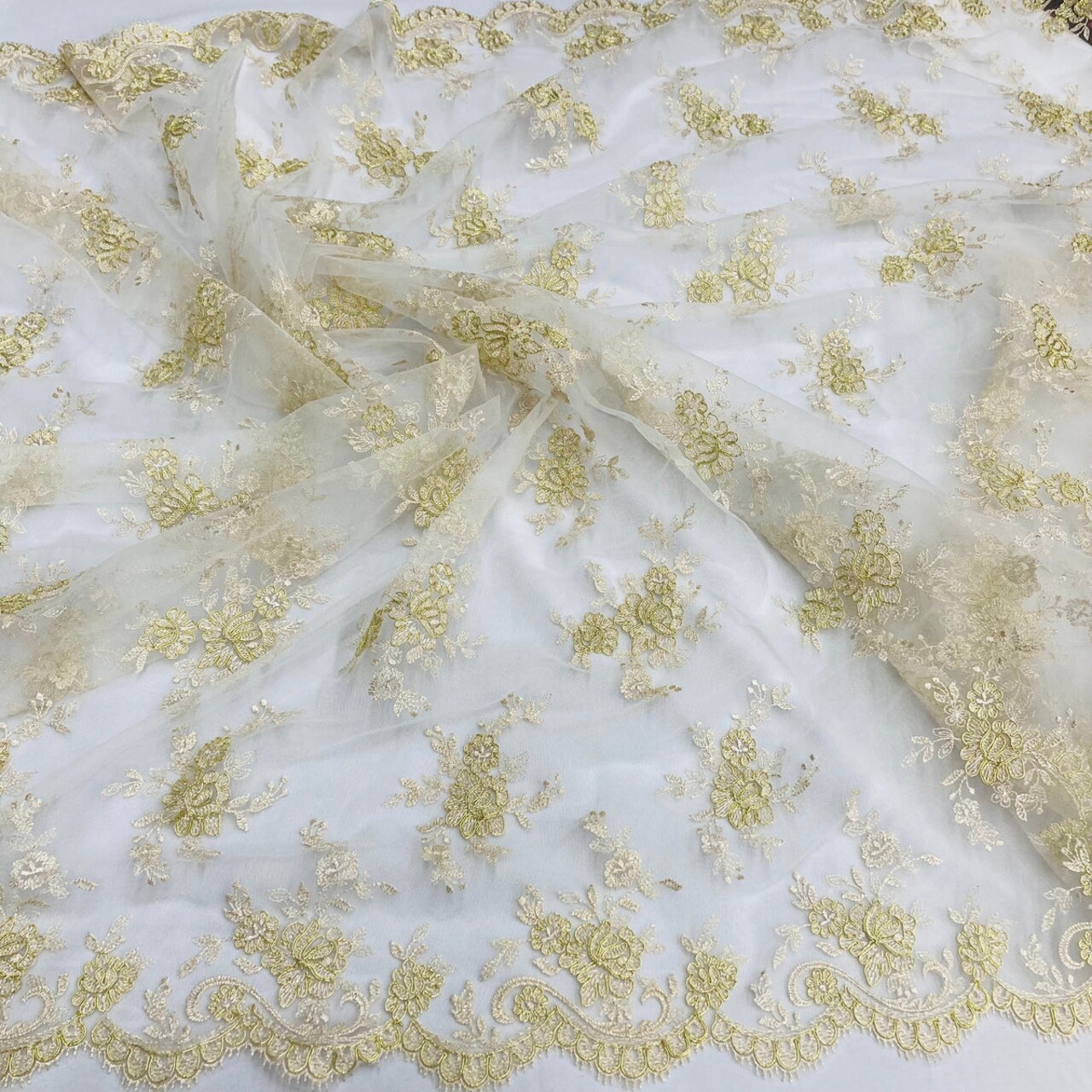 1 Yard Elegant Corded Bridal Lace Fabric with Embroidered on 100% Polyester Net Mesh 56" Width